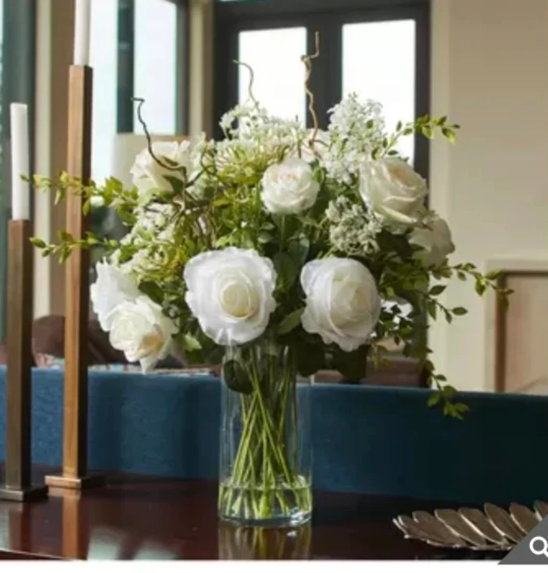 White Artificial Rose Bouquet with Glass Vase - photo 3