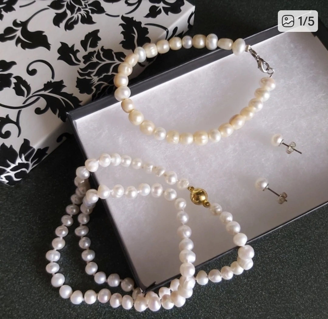 Pearl Necklace and Bracelet Set with Earrings