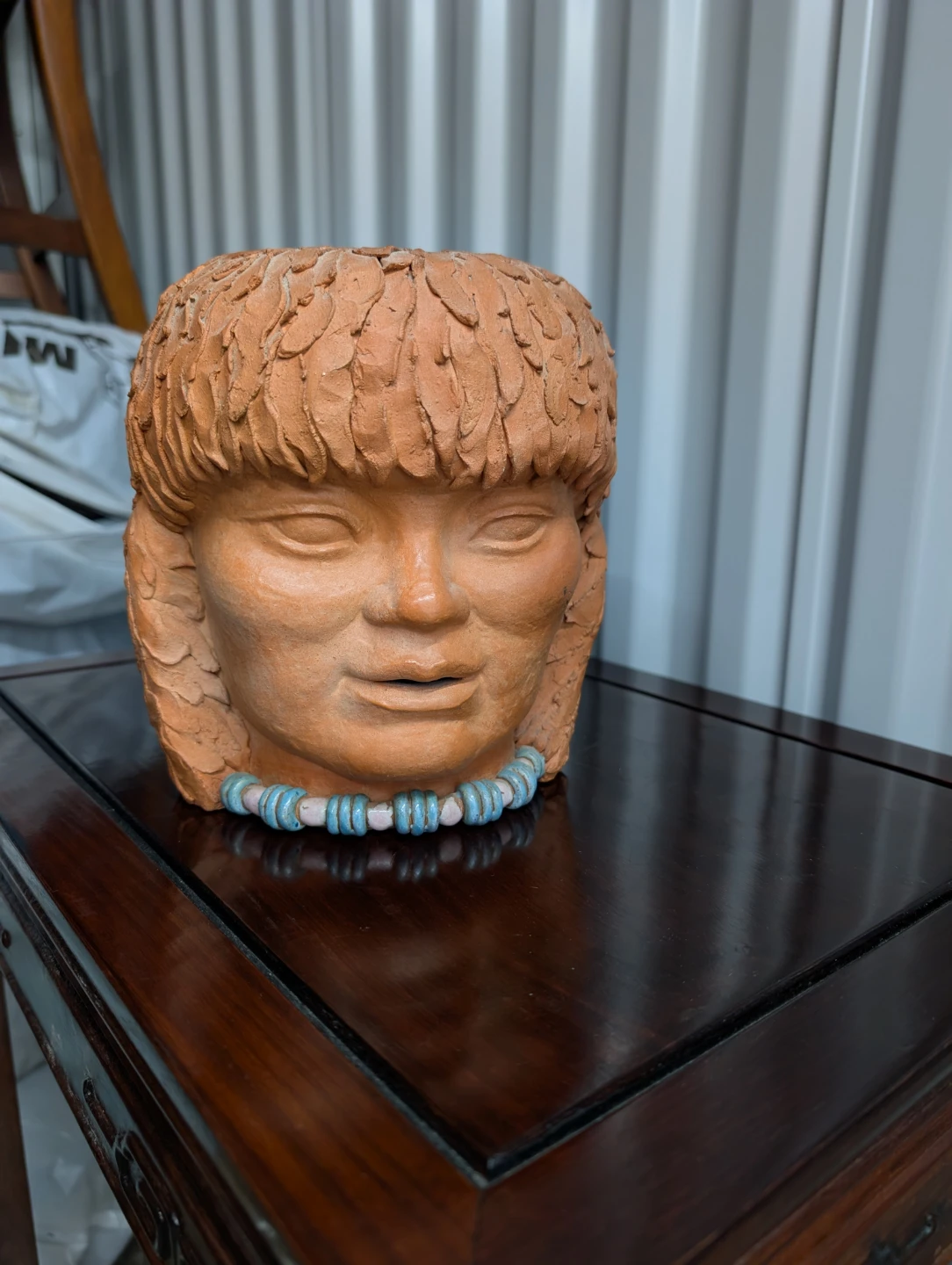 Terracotta Head Planter with Blue Beaded Necklace