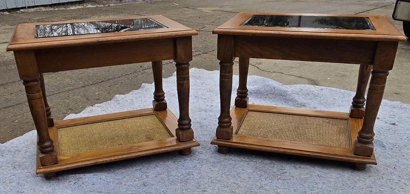Set of 2 Oak End Tables with Glass Top and Wicker Shelf
