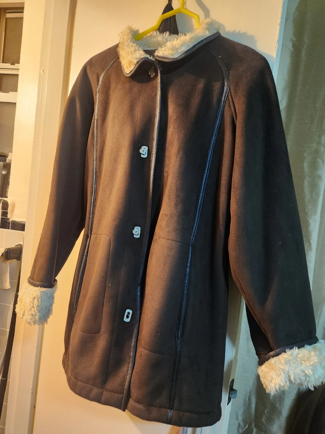 Brown Suede-like Coat with Faux Fur Trim