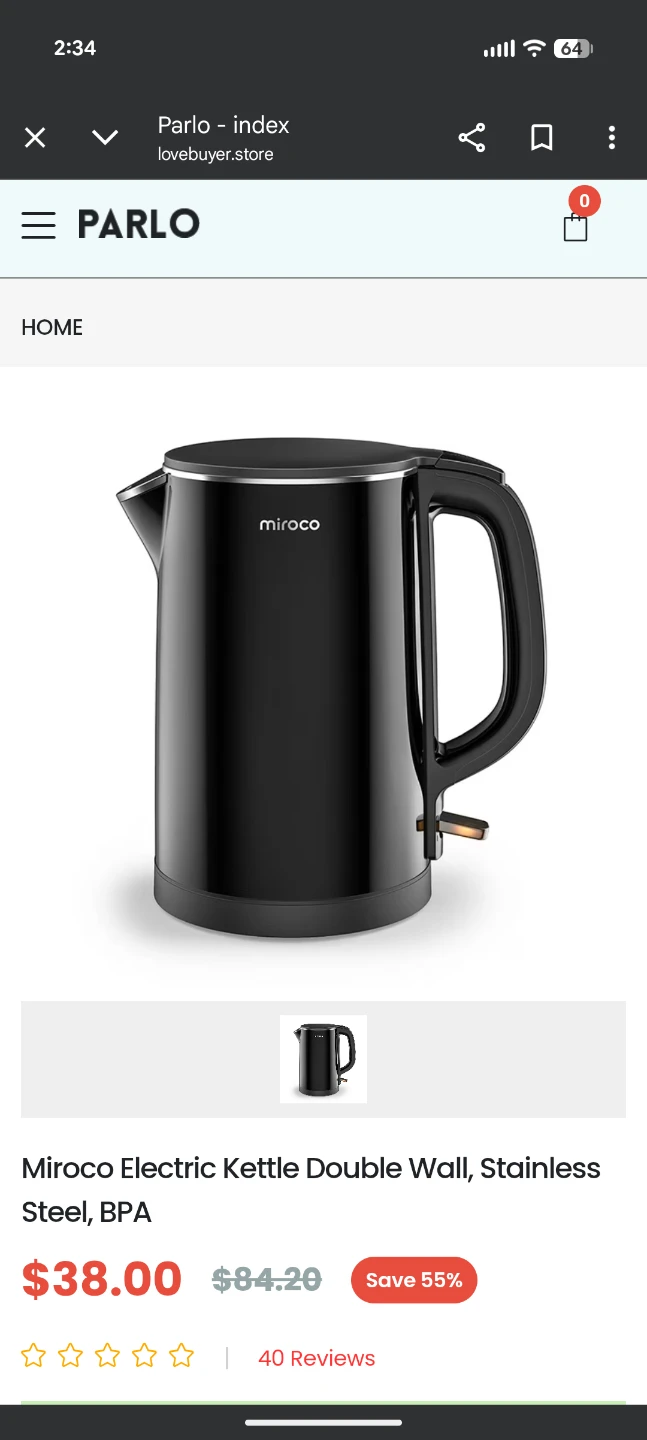 Miroco Electric Kettle Double Wall Stainless Steel 🏆