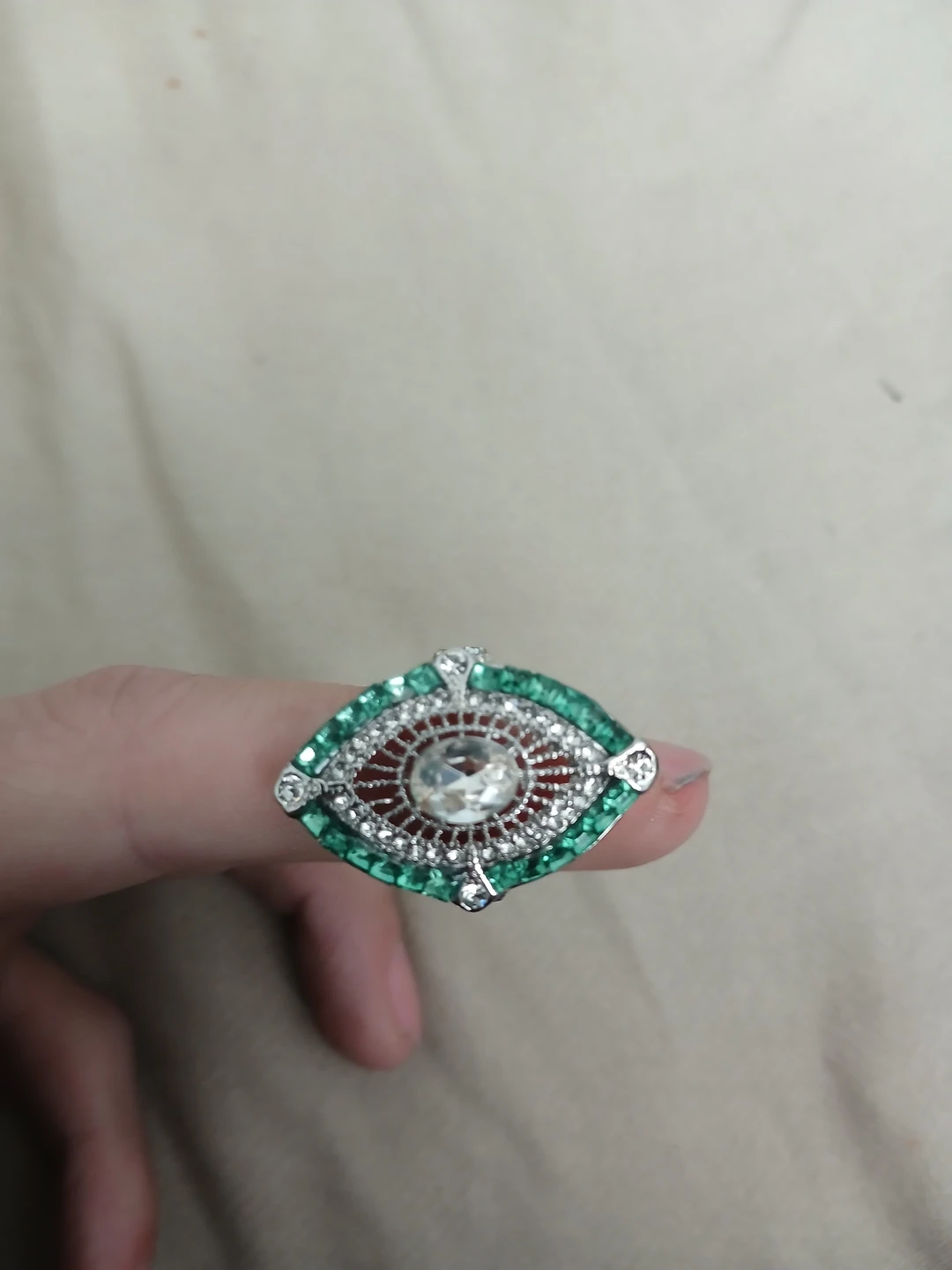 925 Silver Synthetic Emerald And Cubic Zirconia Ring