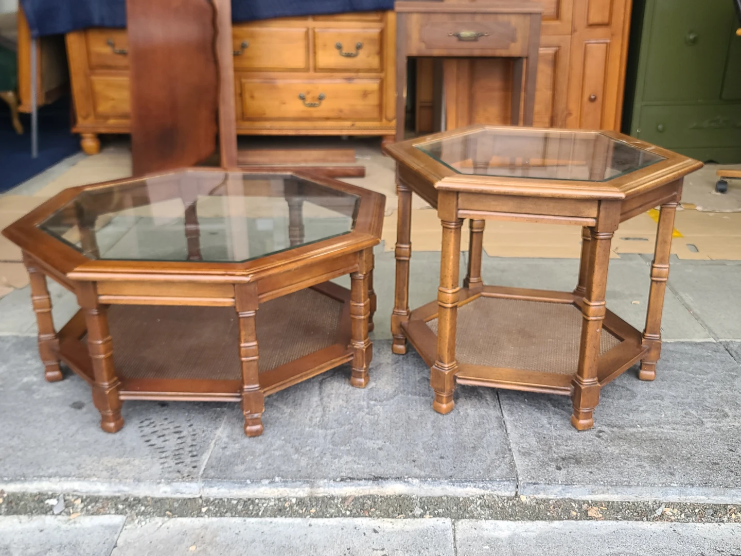 Pair Hexagonal Wood End Tables Glass Top