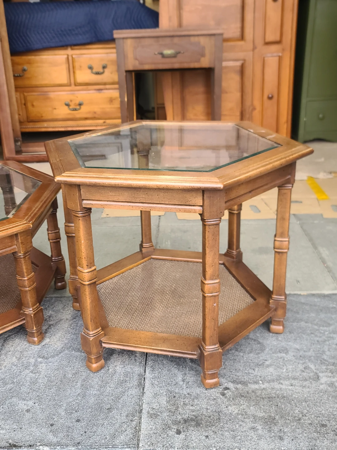Pair Hexagonal Wood End Tables Glass Top - photo 2