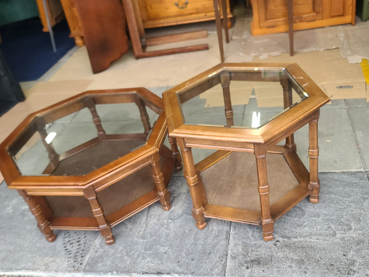 Pair Hexagonal Wood End Tables Glass Top - photo 3