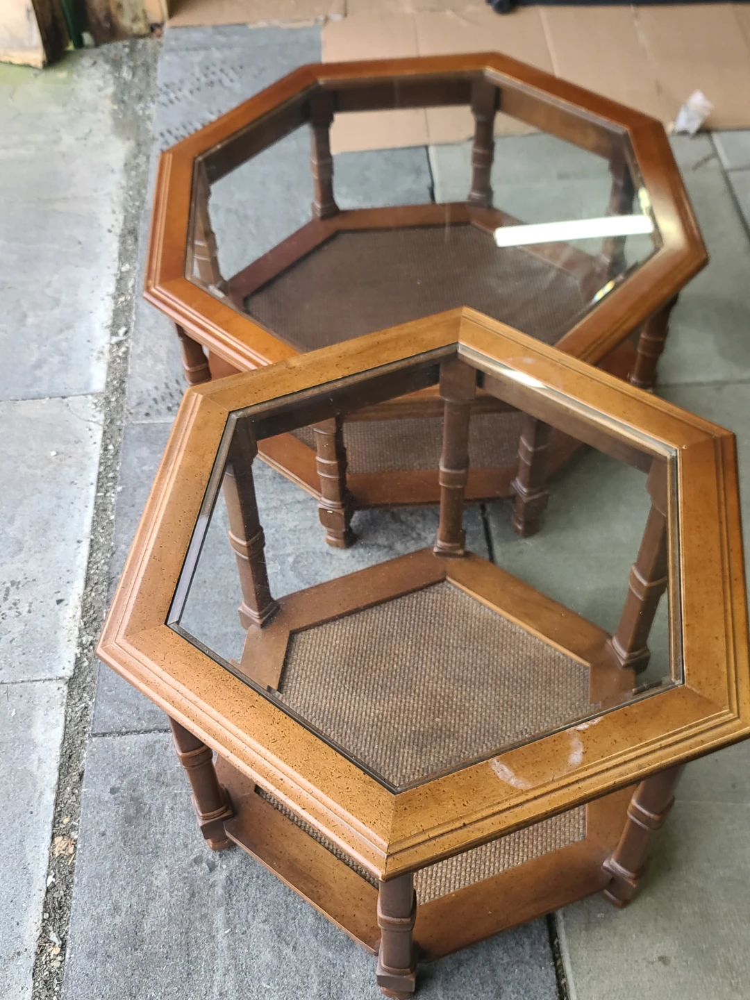 Pair Hexagonal Wood End Tables Glass Top - photo 4