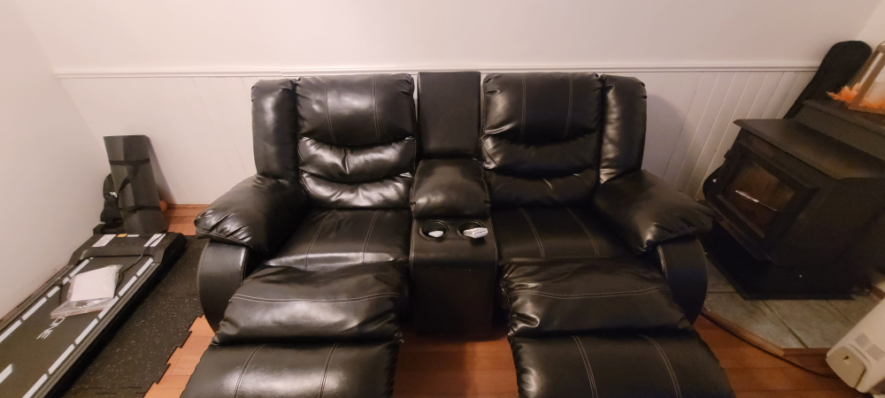 Black Faux Leather sofa Recliner+ Cup Holders/ Storage Console