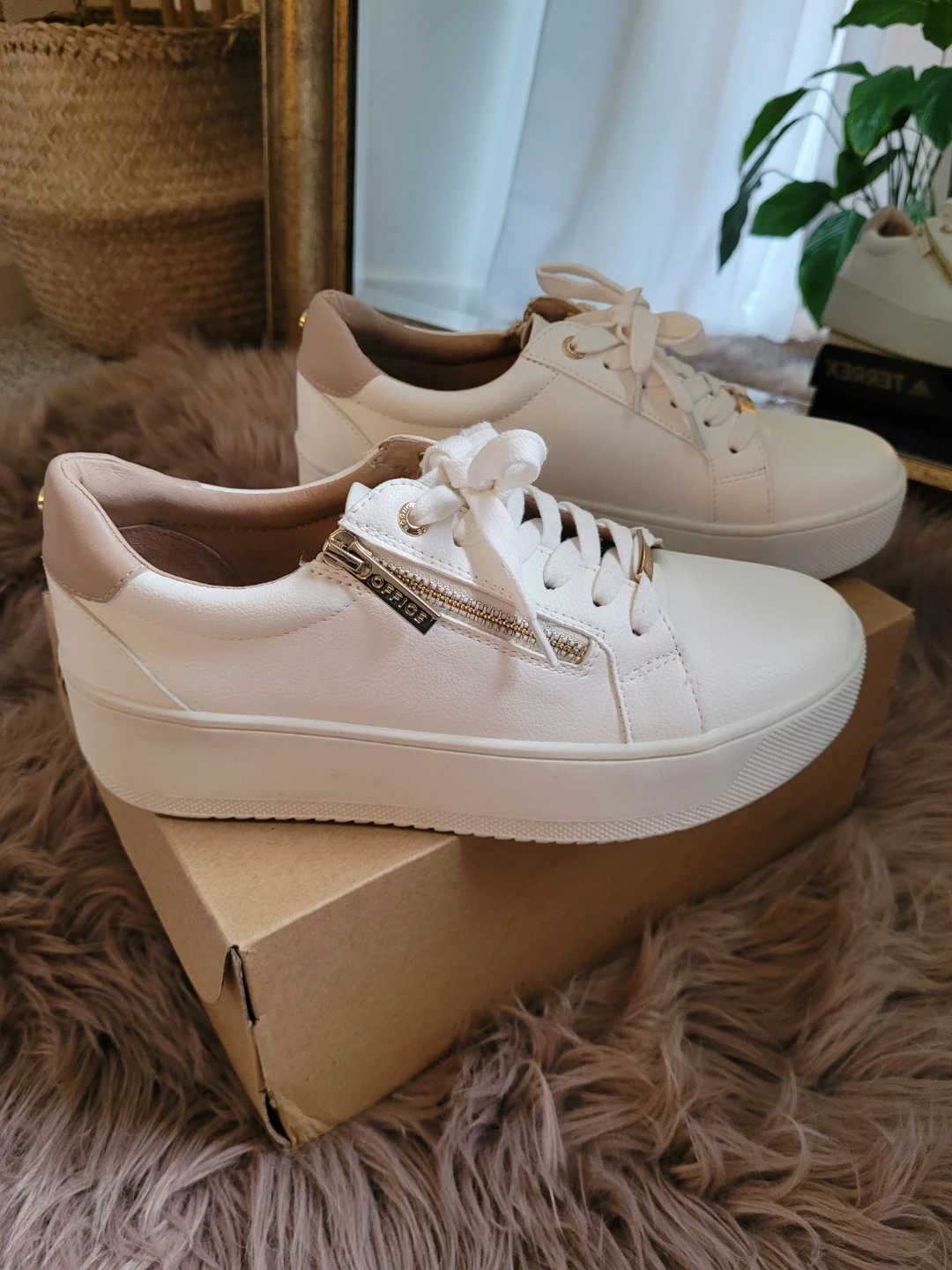 OFFICE White Faux Leather Zip Detail Sneakers