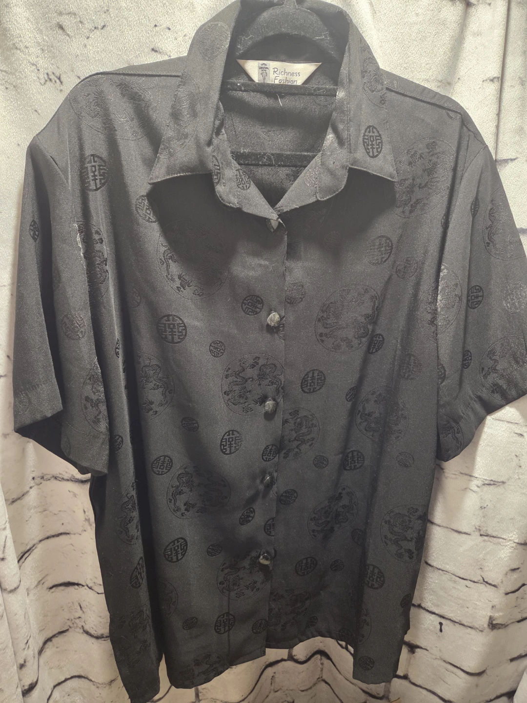 Richness Fashion Black Dragon & Symbol Print Button-Up Shirt