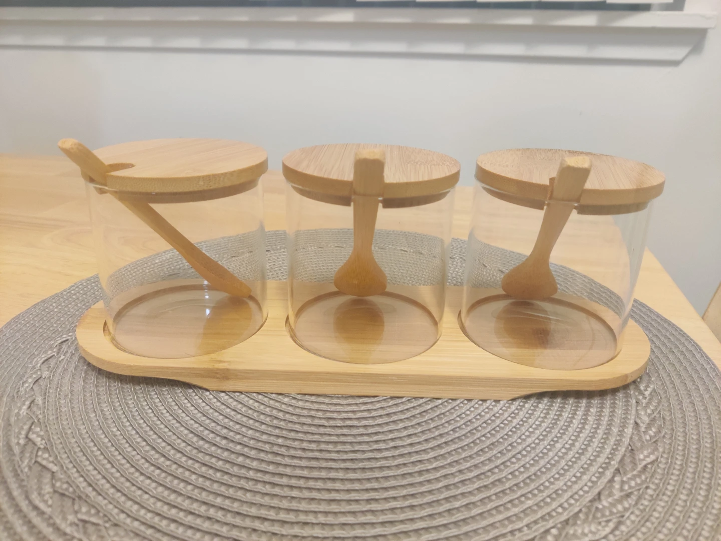Glass Jars with Bamboo Lids and Spoons - Set of 3
