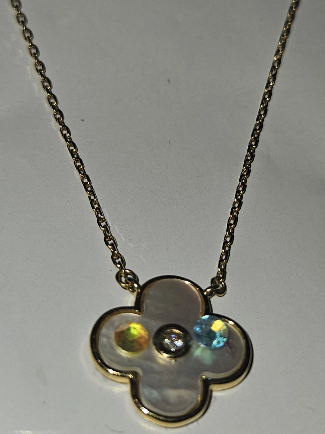 Gold Clover Necklace with Mother of Pearl and Crystals