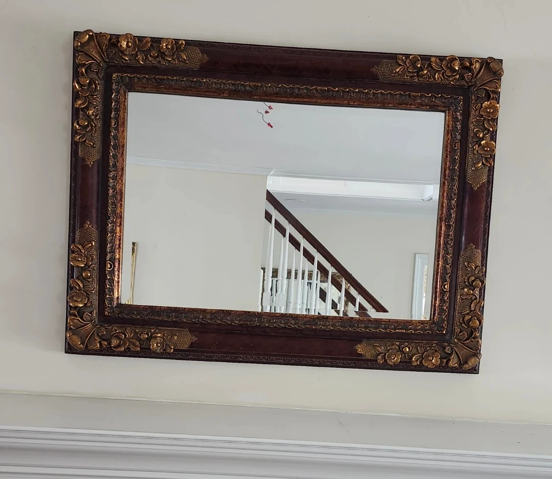 Ornate Wood Framed Mirror with Gold Accents