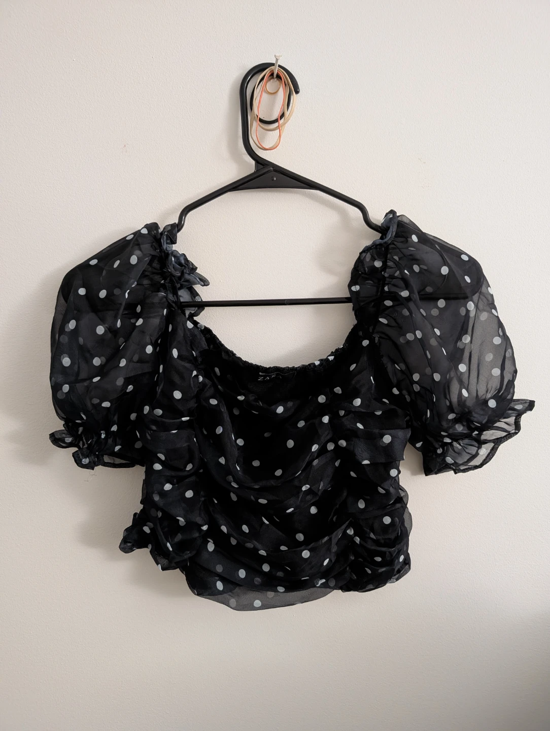 Zara Black Polka Dot Puff Sleeve Crop Top Sheer Sexy Blouse