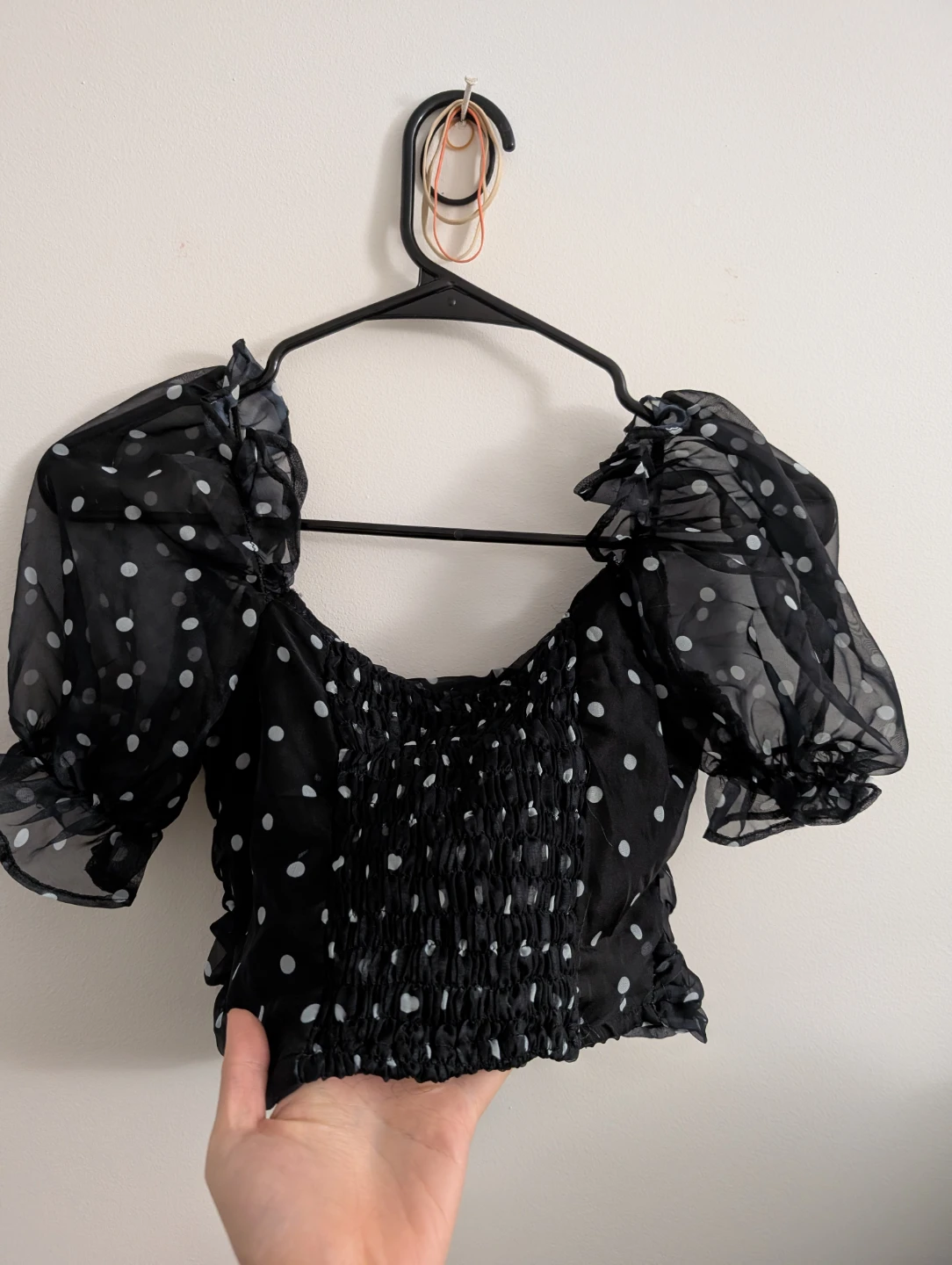 Zara Black Polka Dot Puff Sleeve Crop Top Sheer Sexy Blouse - photo 2