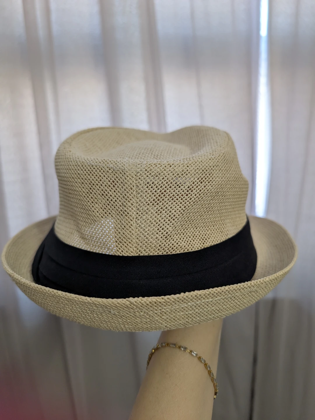 Straw Fedora Hat with Black Band - Size L