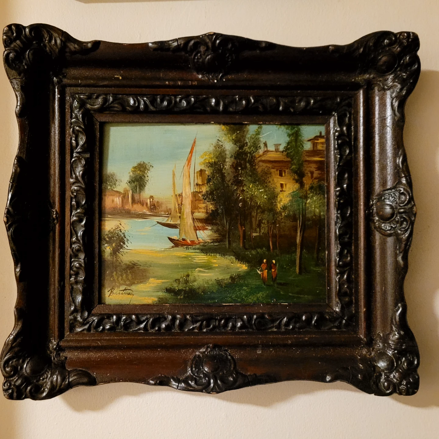 Vintage Landscape Oil Painting with Sailboats