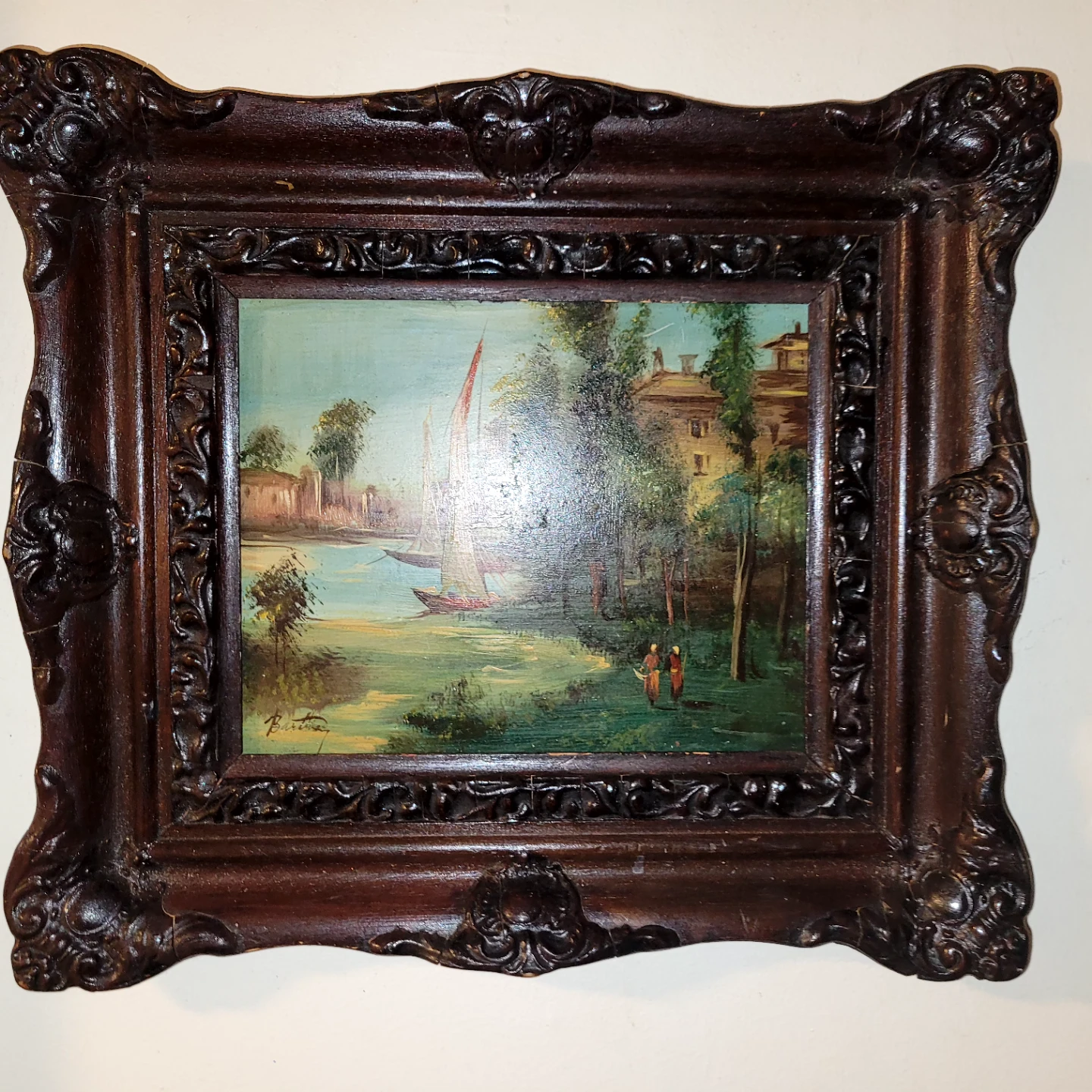 Vintage Landscape Oil Painting with Sailboats - photo 3