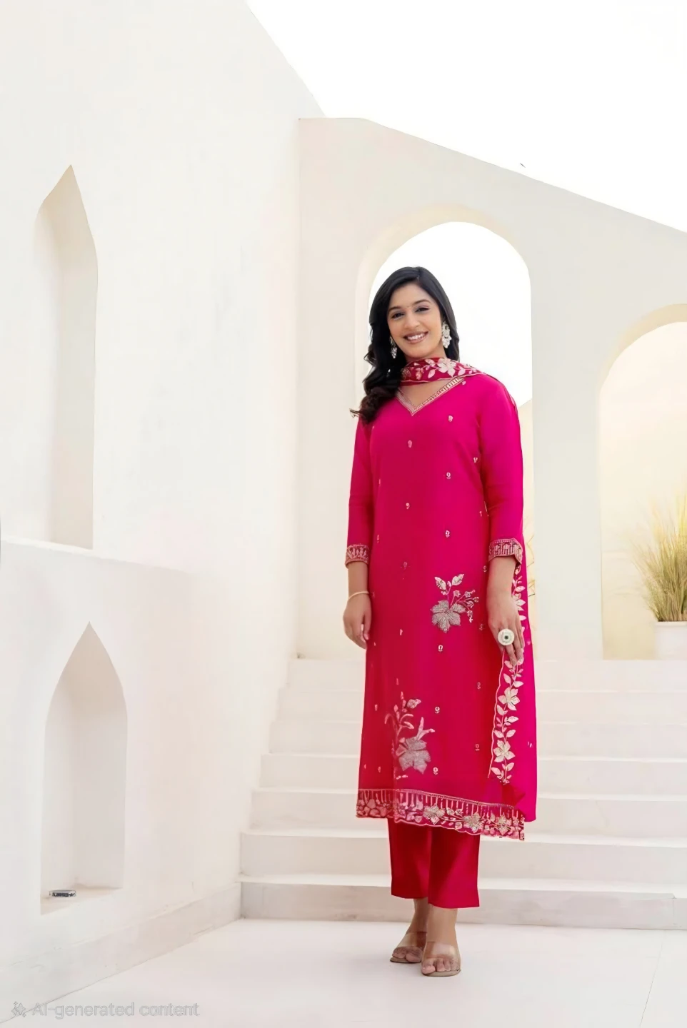 Hot Pink Embroidered Kurti Set with Dupatta