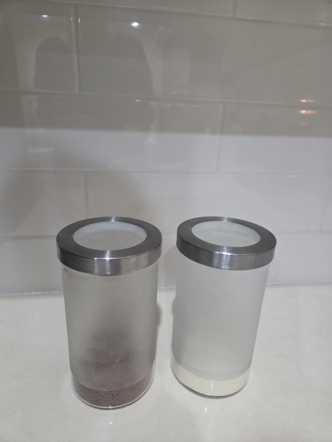 Set of 2 Frosted Glass Canisters with Metal Lids