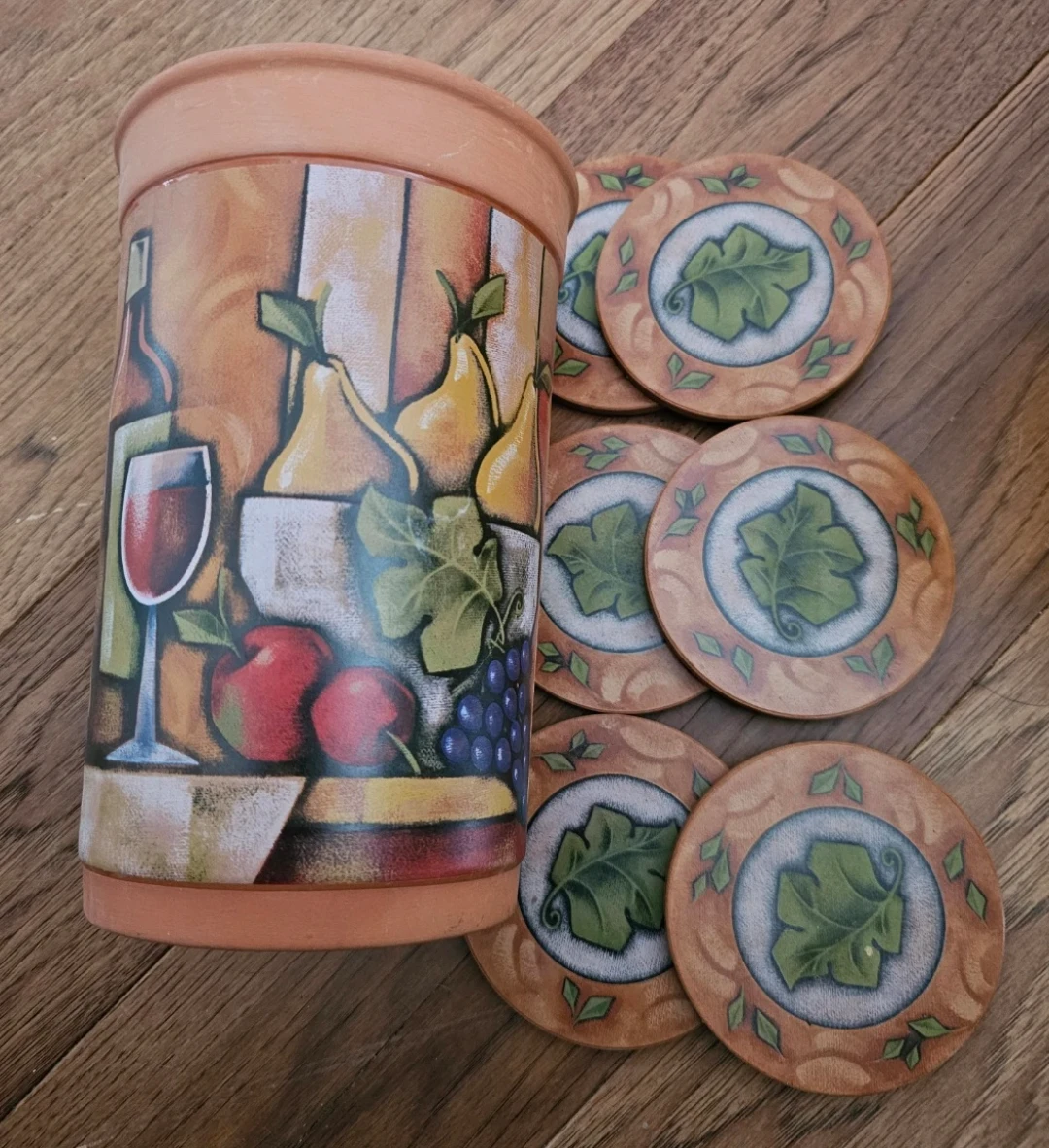 Terracotta Pot with Fruit and Wine Design & Coasters