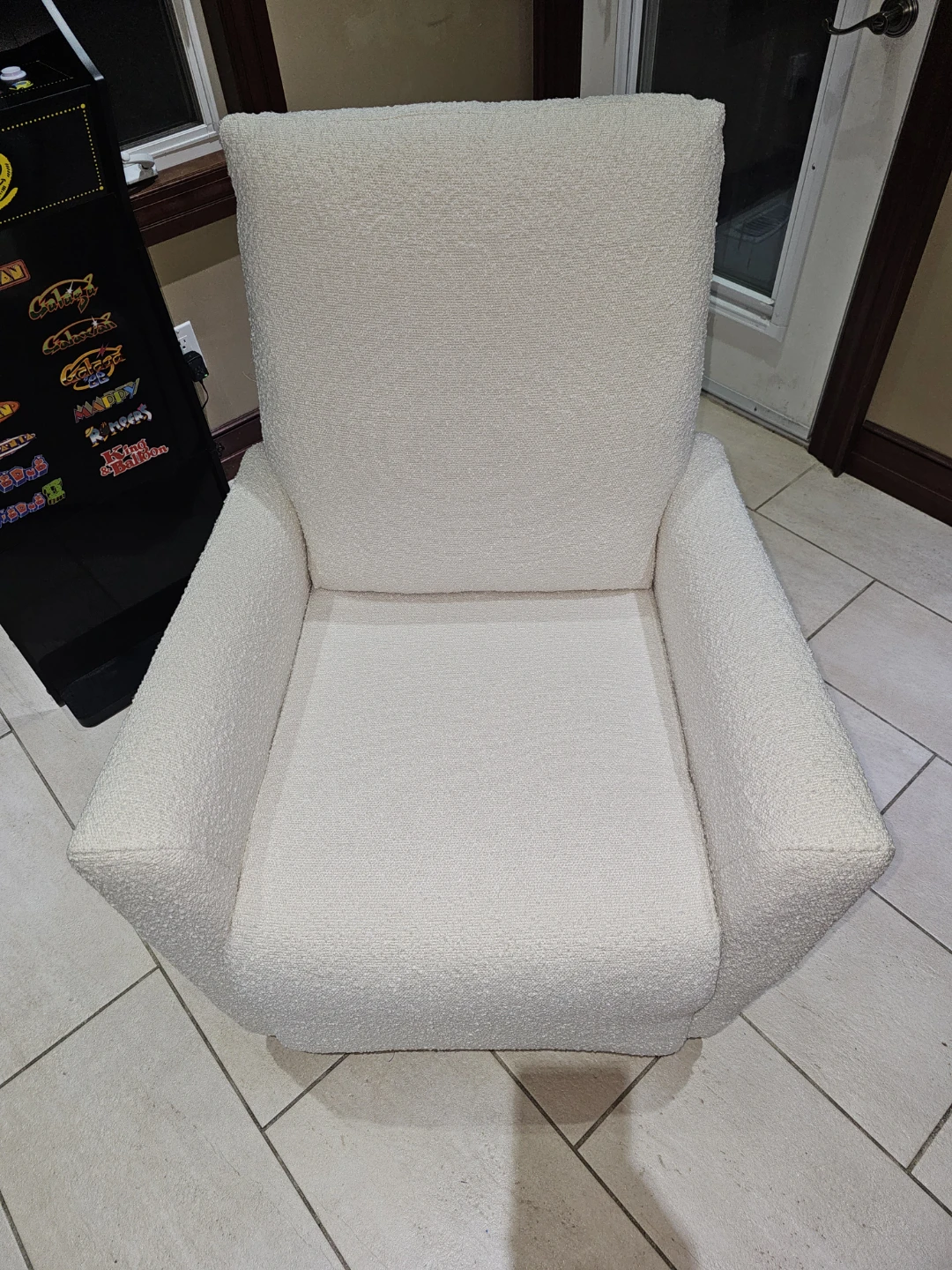 Storkcraft White Boucle Recliner Chair with USB Ports