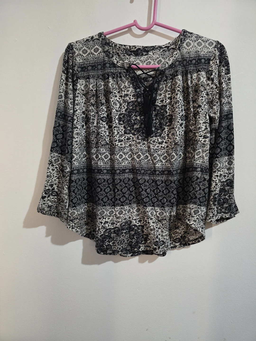 Boho Paisley Print Long Sleeve Lace-Up Blouse