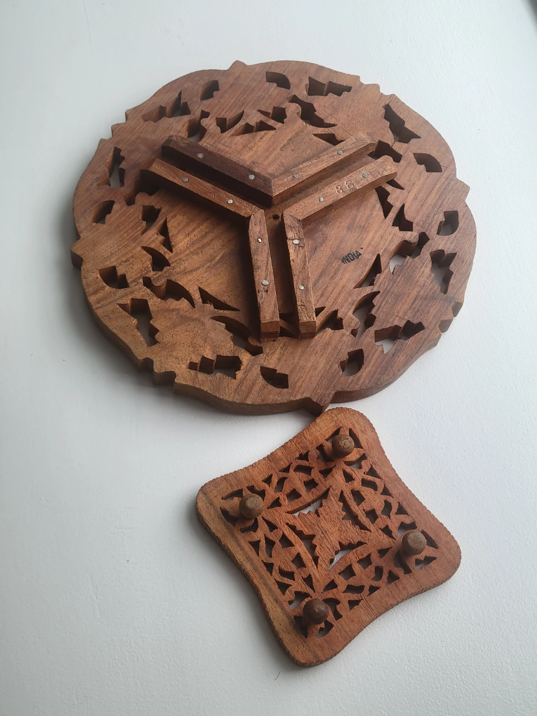 Vintage Hand Carved Wood Trivet & Coasters. Boho India. Plants - photo 3