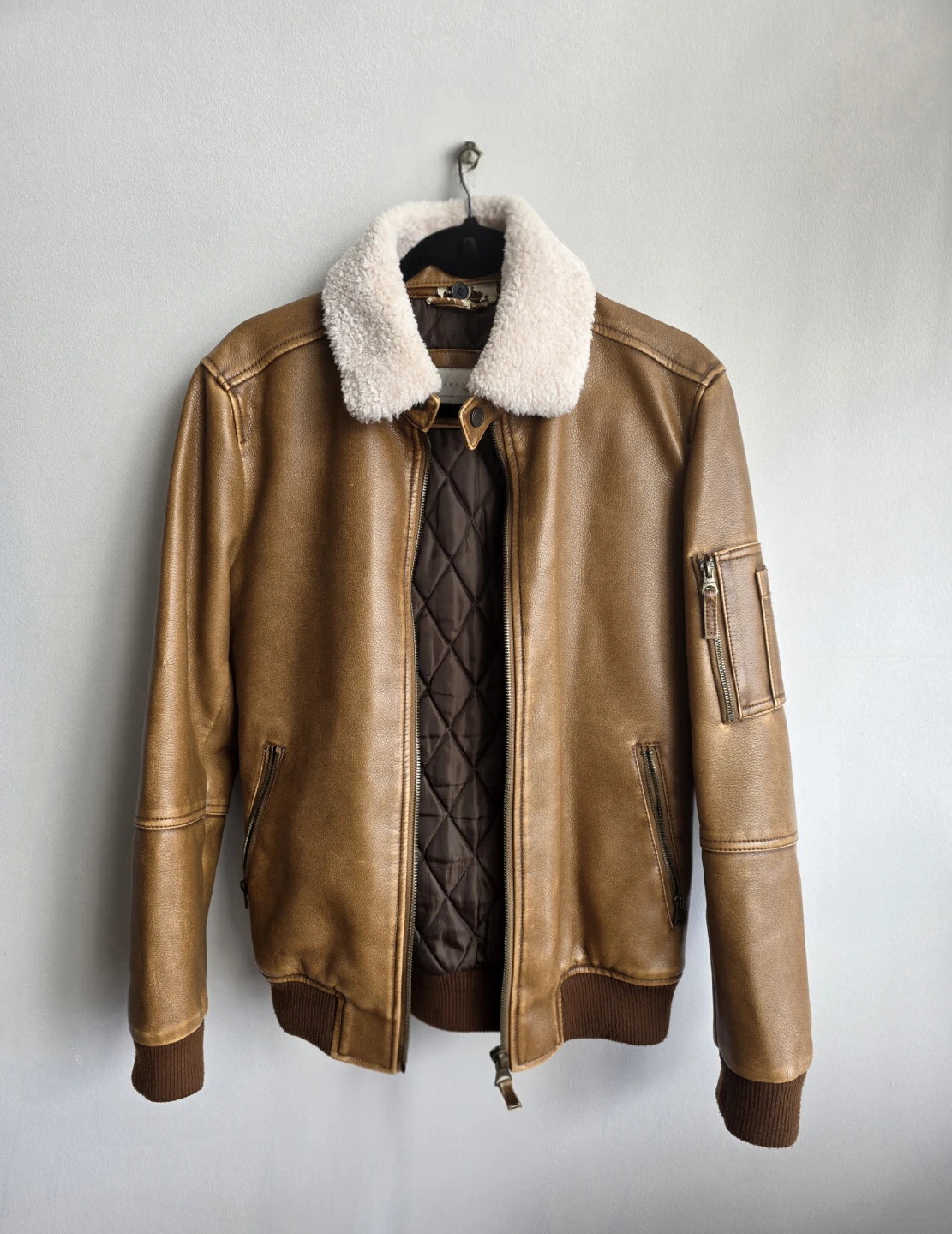 Brown Faux Leather Bomber Jacket with Sherpa Collar - photo 2
