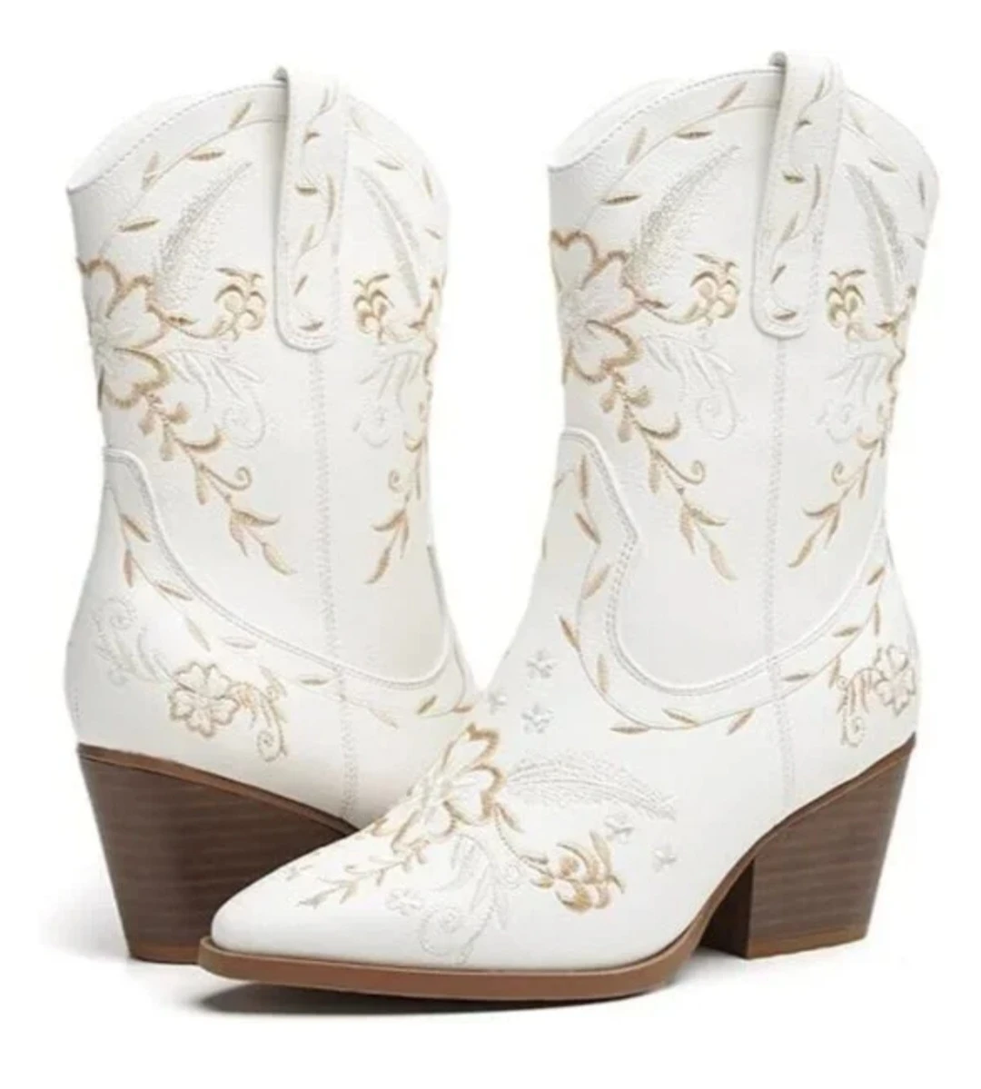 Anjoufemme White Embroidered Cowboy Boots