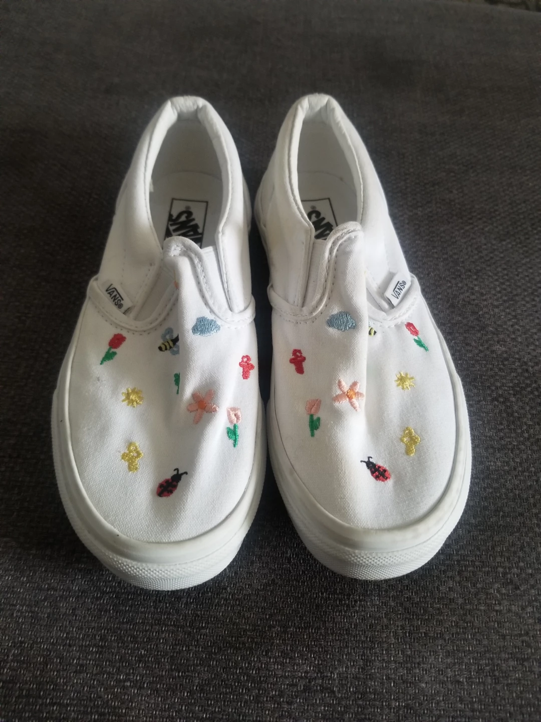 Vans Kids Slip-On Shoes - White with Embroidered Bugs & Flowers