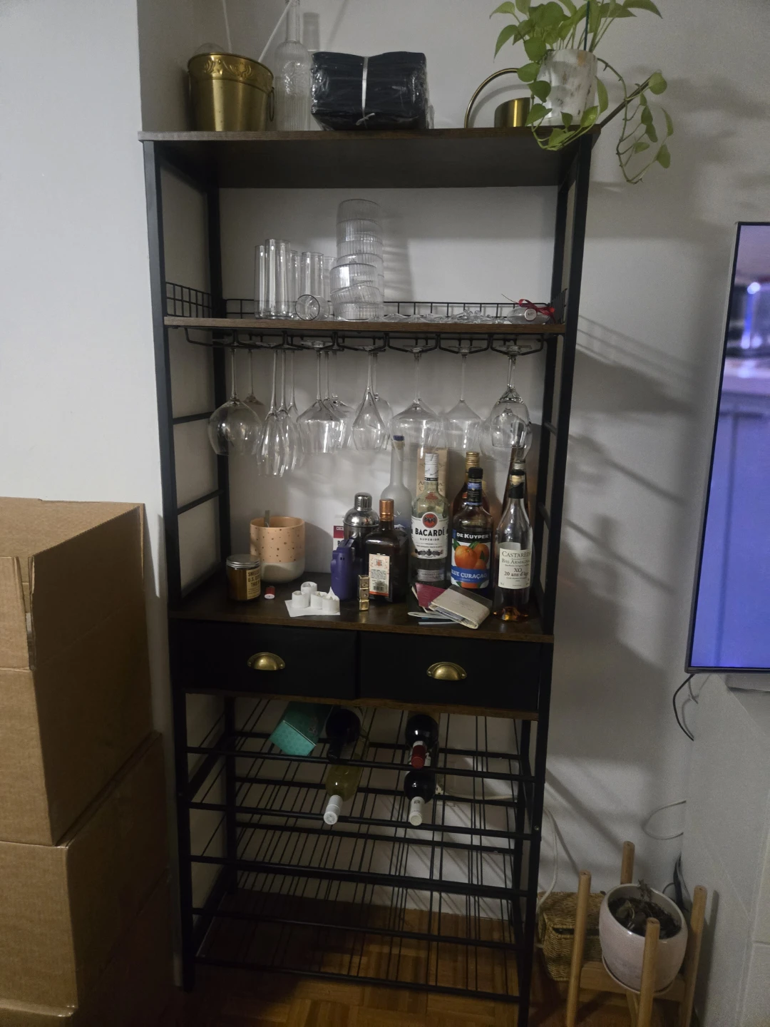 Industrial Style Bar Cart with Wine Rack and Glass Holders