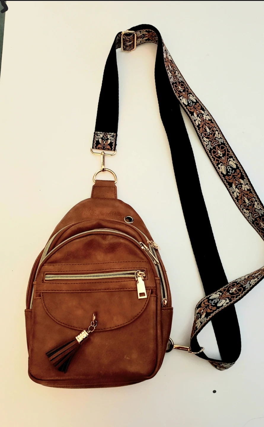 Brown Faux Leather Crossbody Bagwith Embroidered Strap