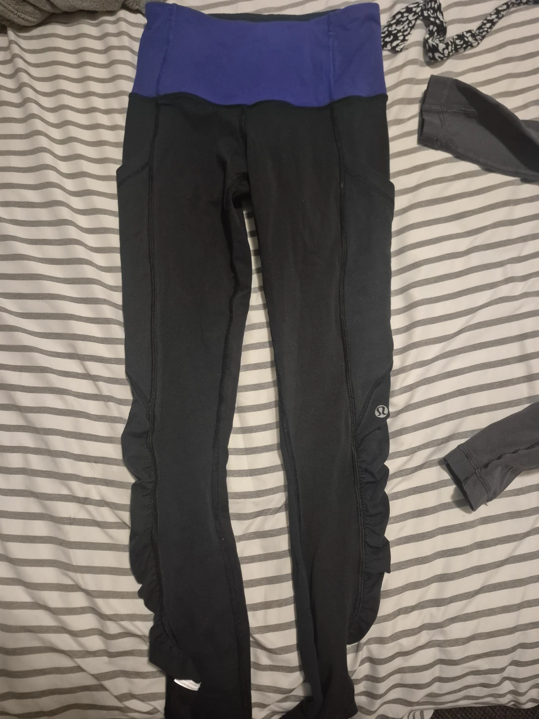 Lululemon Black Ruched Leggings with Blue Waistband