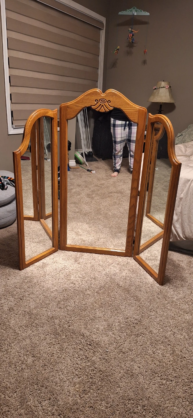 Vintage Wooden Tri-Fold Vanity Mirror