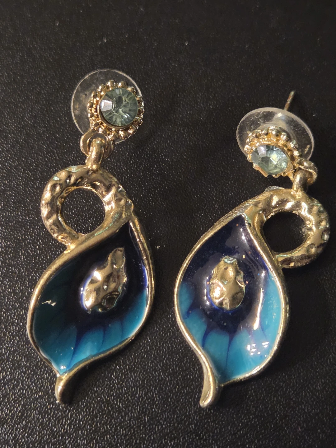 Gold tone dangle earrings with blue and green enamel - photo 2