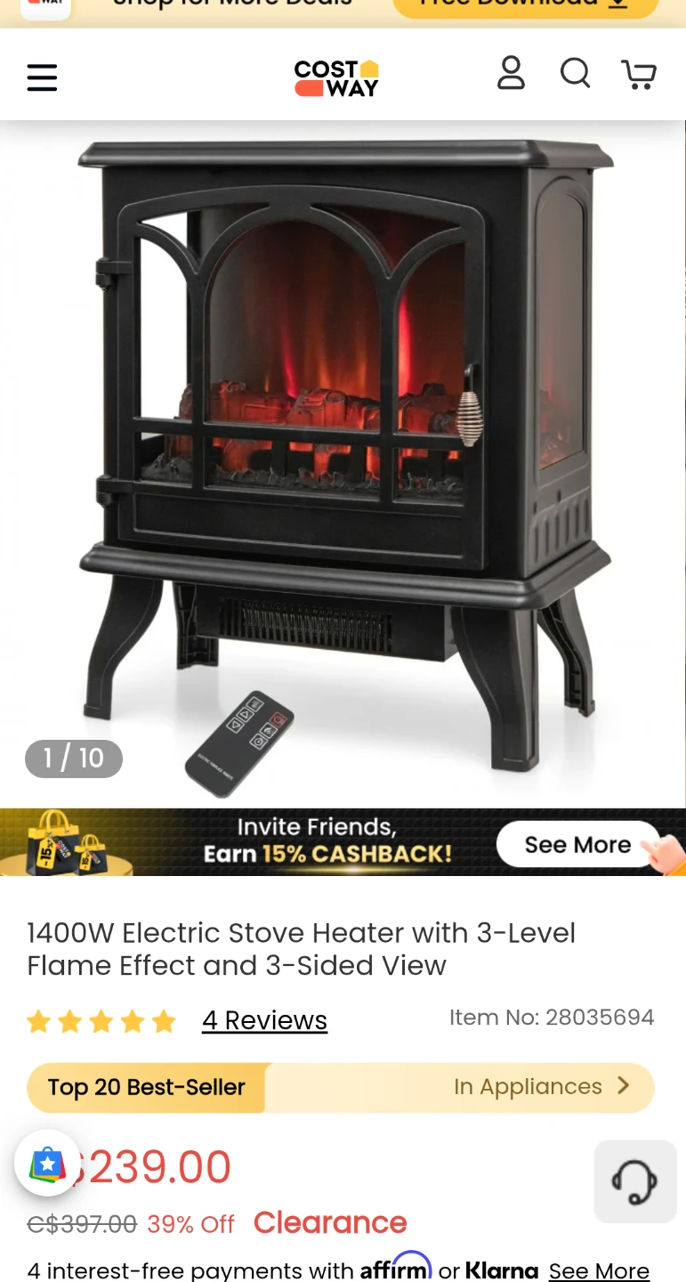 Costway 20 inch 1400W Electric Stove Heater - photo 2