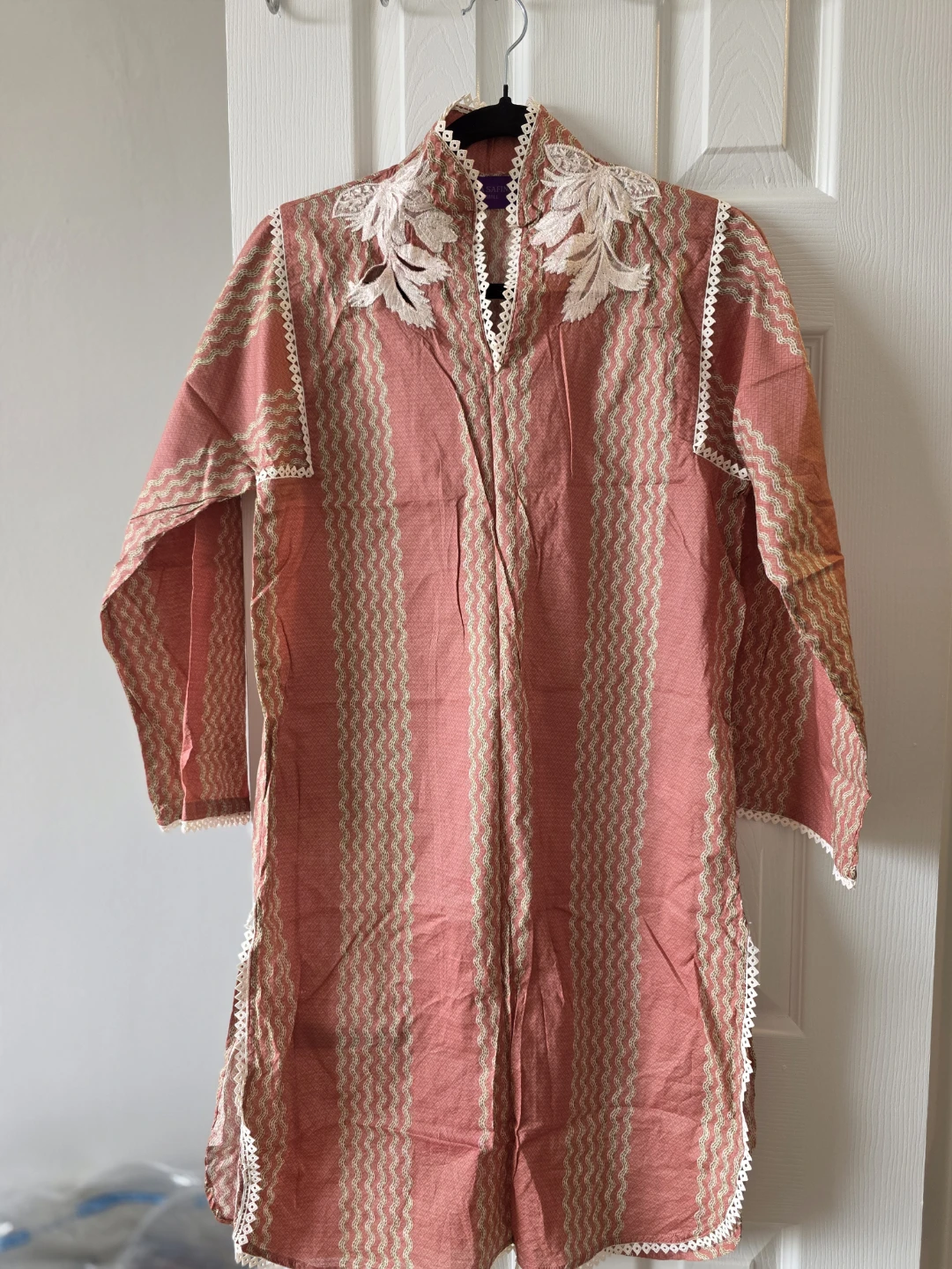 Sana Safinaz Women's Orange Striped Tunic Top with Lace Collar