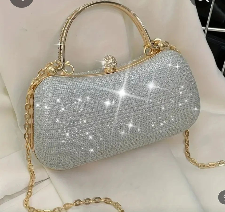 Sparkly Silver Clutch Purse with Gold Chain. Still new