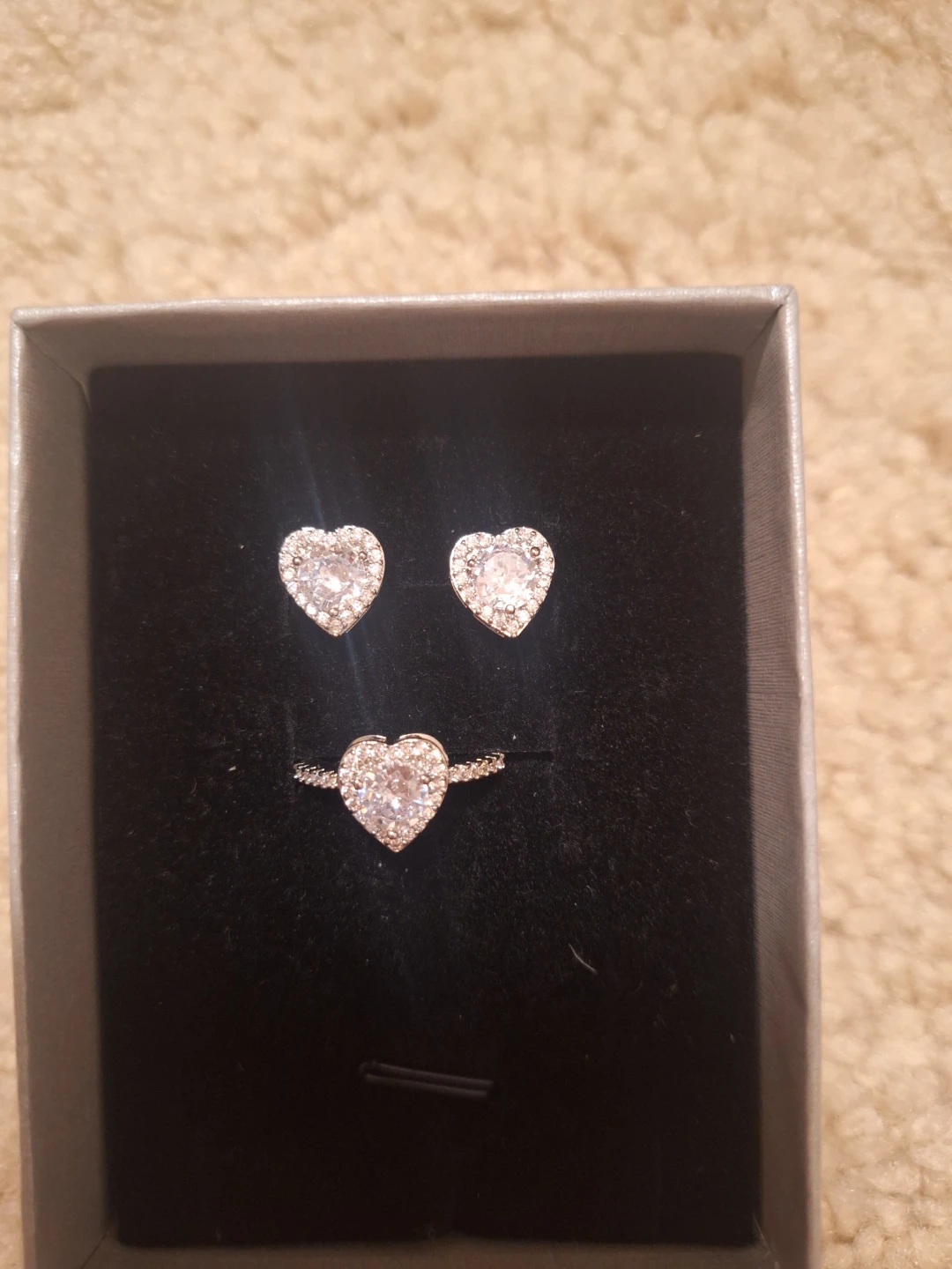 Sparkling Heart Shaped Studded Ear Rings and Ring Set