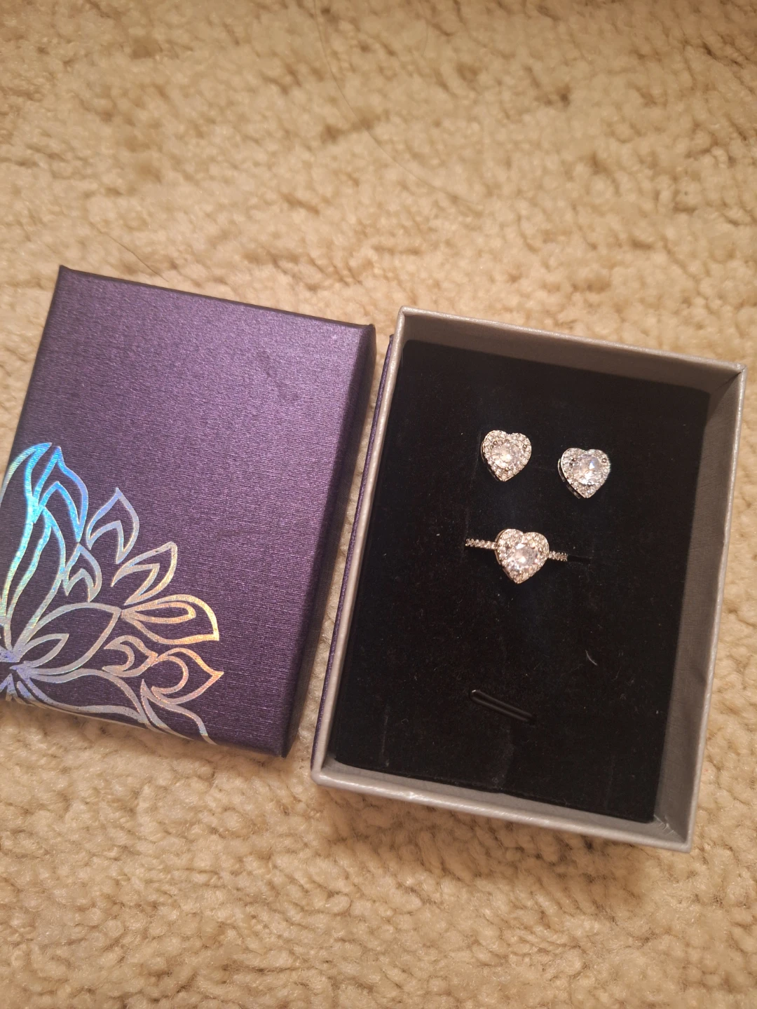 Sparkling Heart Shaped Studded Ear Rings and Ring Set - photo 2