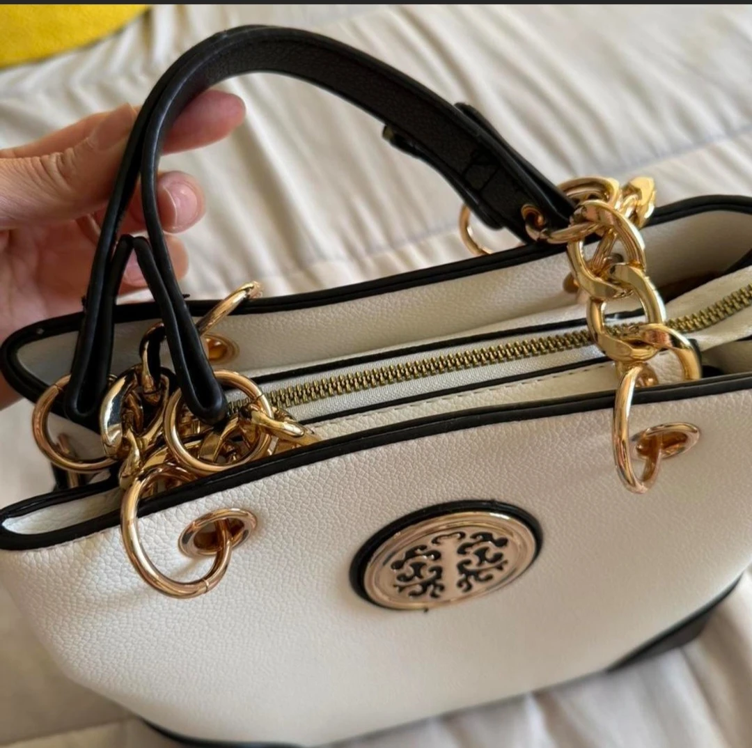 White and Black Handbag with Gold Accents - photo 2