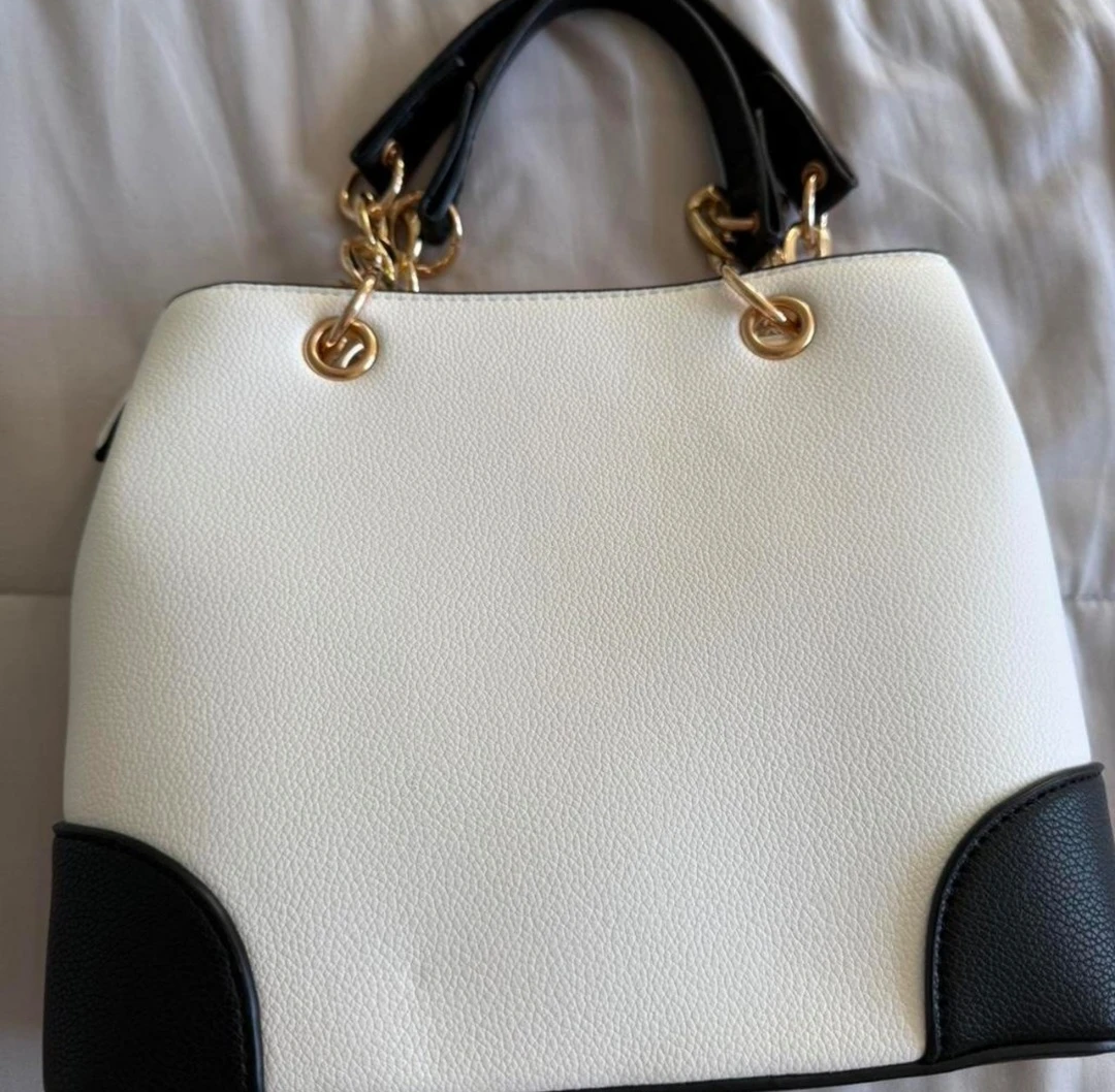 White and Black Handbag with Gold Accents - photo 3