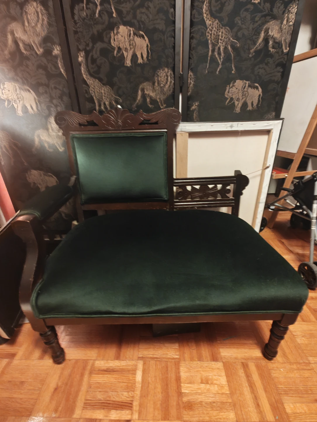 Vintage Accent Chair - Dark Wood and Green Velvet