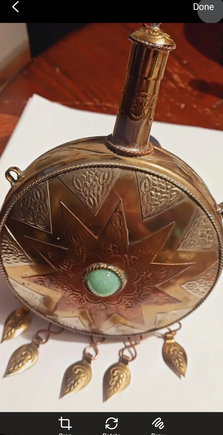 Ornate Vintage Morrocan Metal Flask with Gemstone Accent