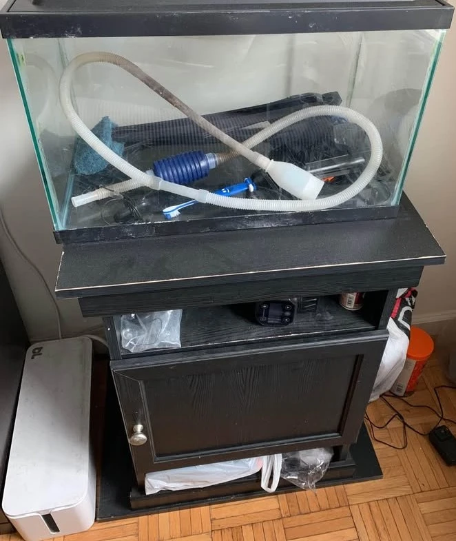 Fish aquarium wood stand + tank (+ equipment)