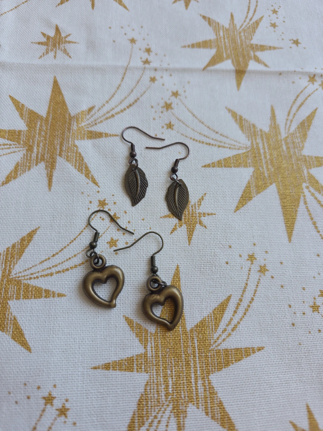 Bronze Heart & Leaf Charm Earrings