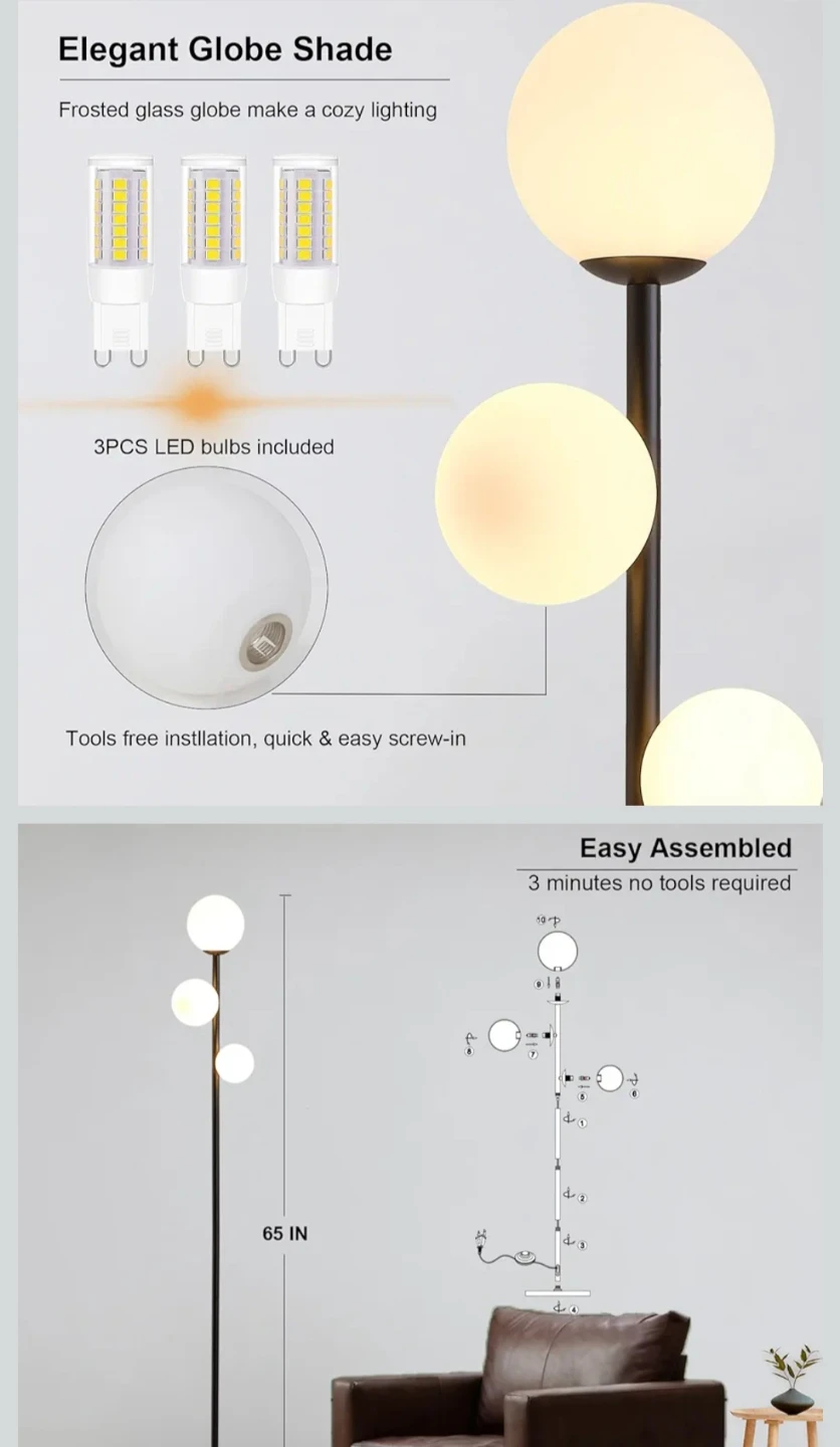 Fiqevs Floor Lamp with Frosted Globe Shades - 65 Inches - photo 3