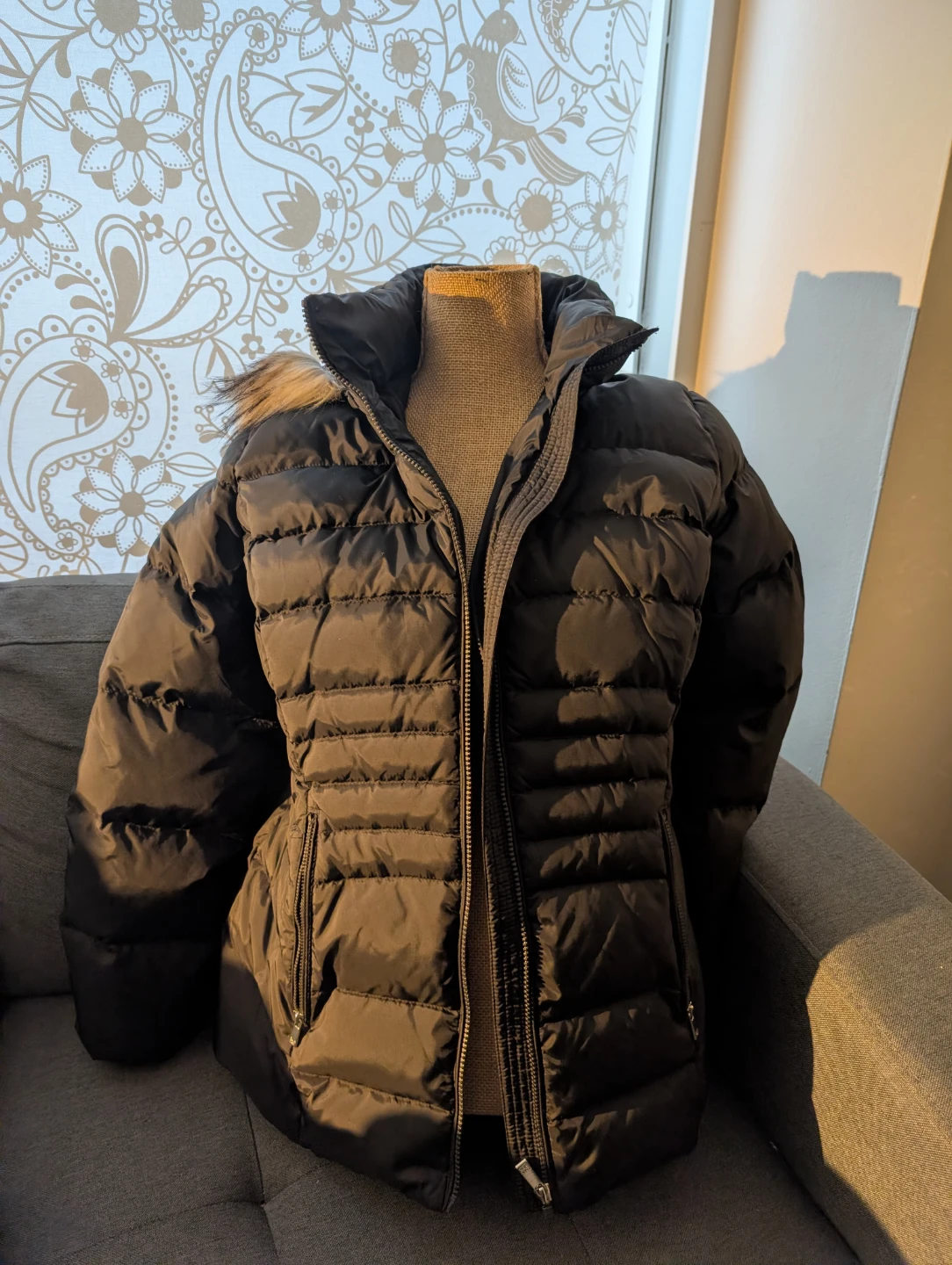 Calvin Klein Puffer Jacket with Fur Hood - Black - Size S/P