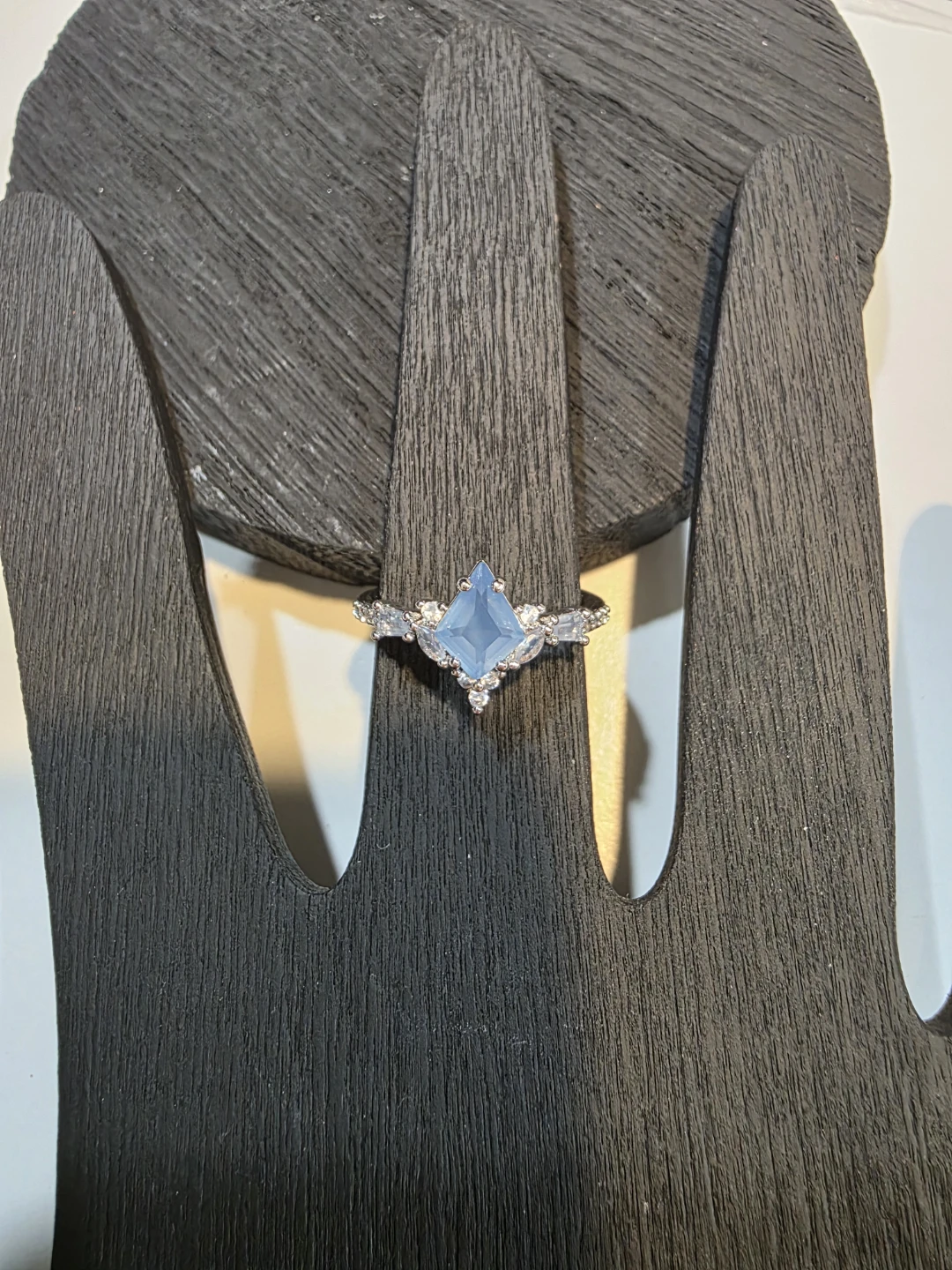 Blue Sapphire Marquise Cut Ring with Pave Accent Stones